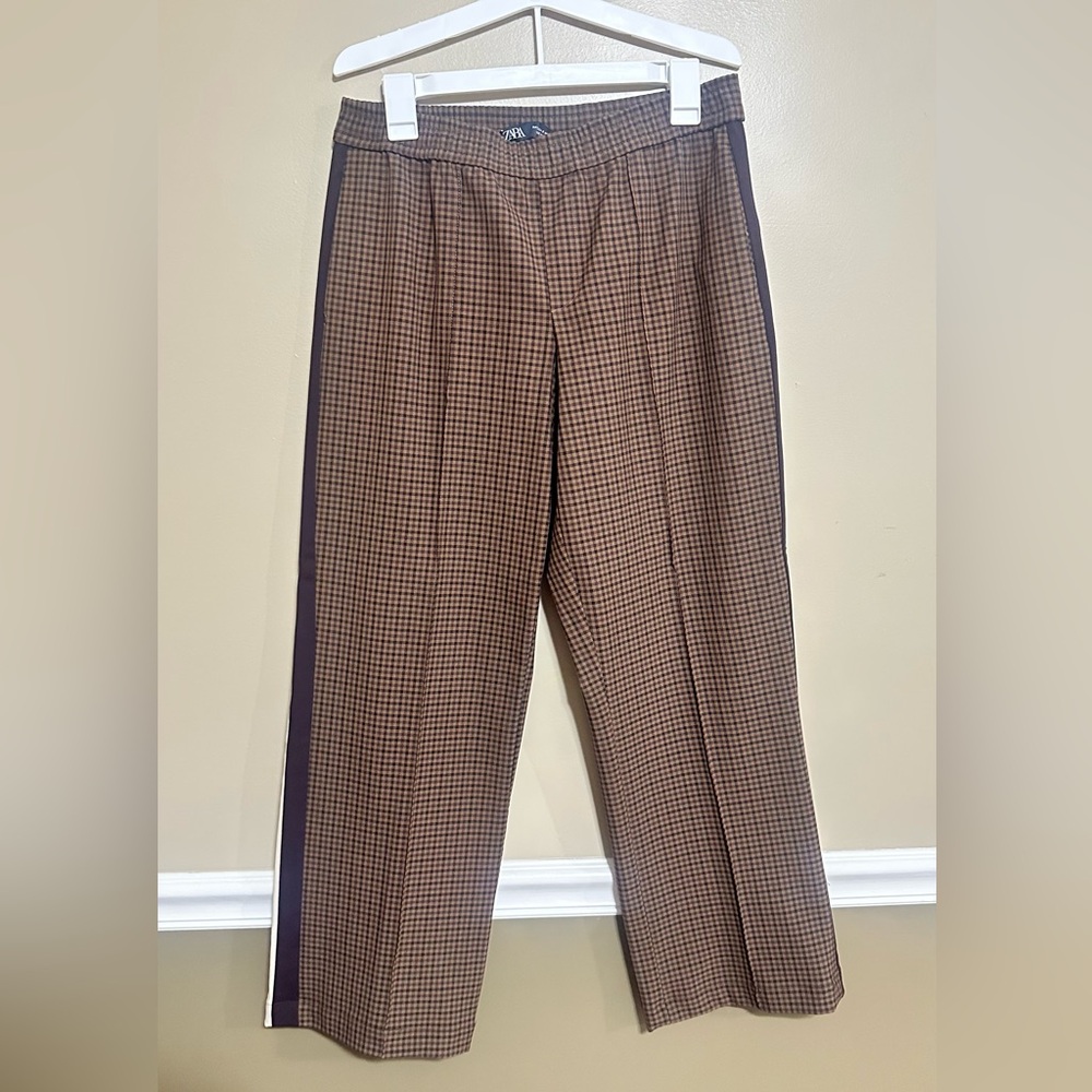 Zara Women's Tan Checkered Pants with Side Stripe